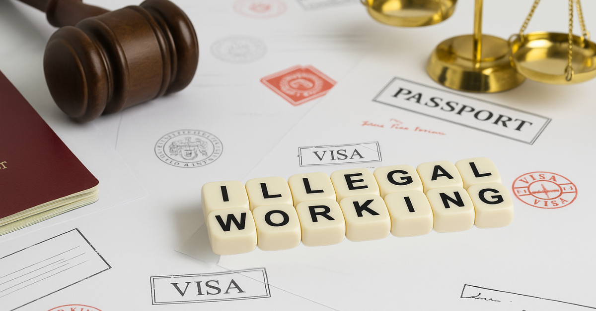Illegal working compliance concept with gavel, passport and dice spelling ‘ILLEGAL WORKING'.