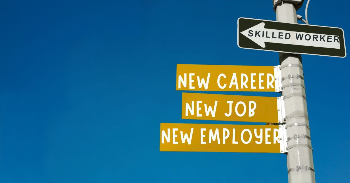 Directional signs reading “New Career, New Job, New Employer” representing changing employer on a UK Skilled Worker visa.