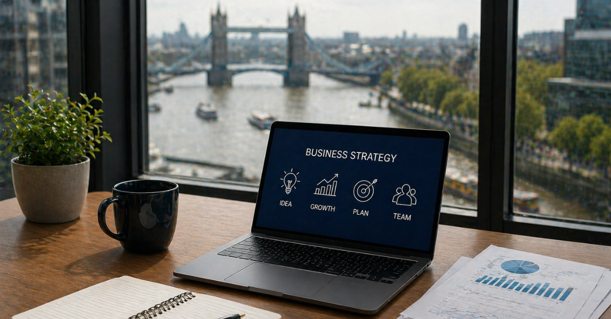 Innovator Founder visa UK requirements business planning workspace with laptop and London skyline Tower Bridge