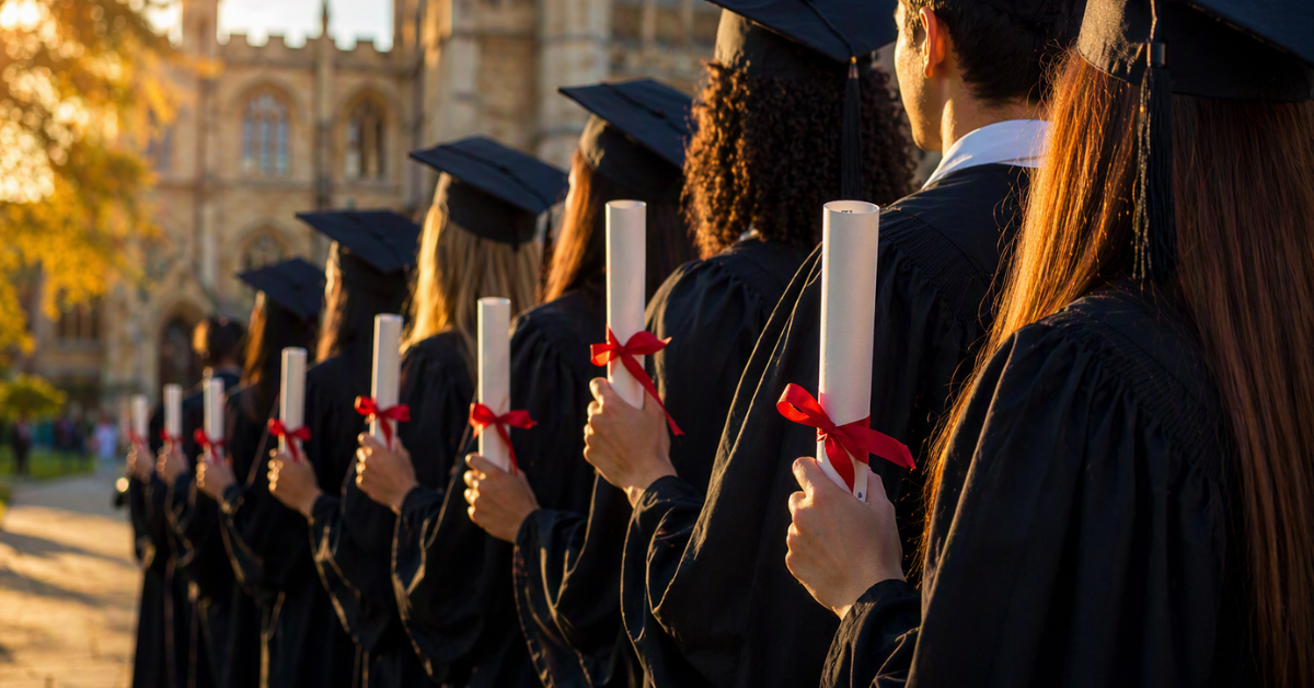 Graduates holding diplomas at a UK university graduation ceremony, reflecting international student success in higher education.