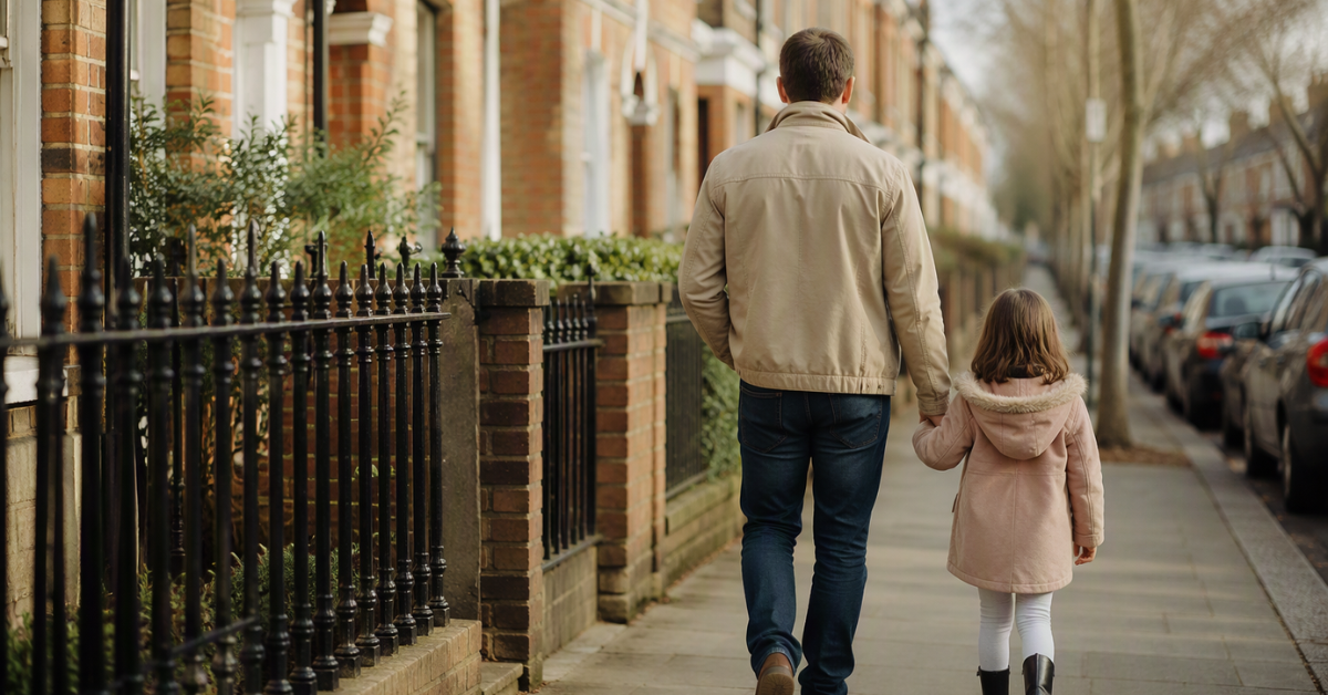 Parent and child walking together along a residential street in the UK, representing family life and the UK Parent Visa route.