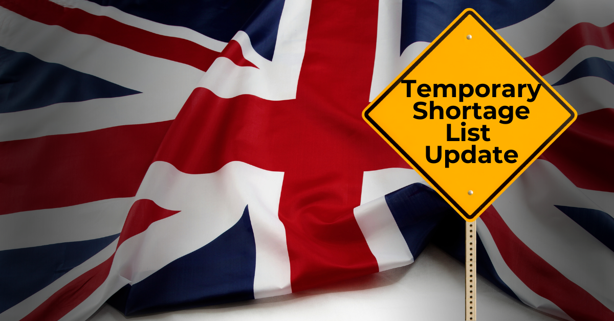 Temporary Shortage List update sign displayed in front of a UK flag, representing proposed Skilled Worker sponsorship changes.