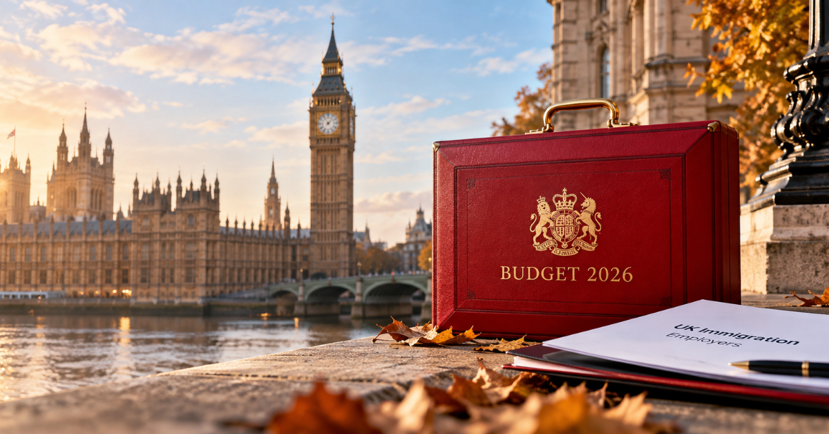 Red Budget 2026 briefcase overlooking the Houses of Parliament and Big Ben, representing UK Autumn Budget immigration changes for employers.