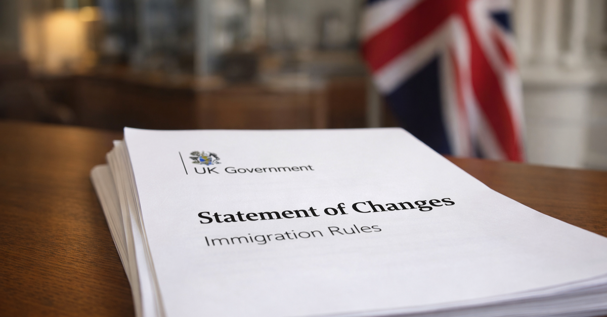 UK Immigration Rules Statement of Changes document on desk with UK flag background
