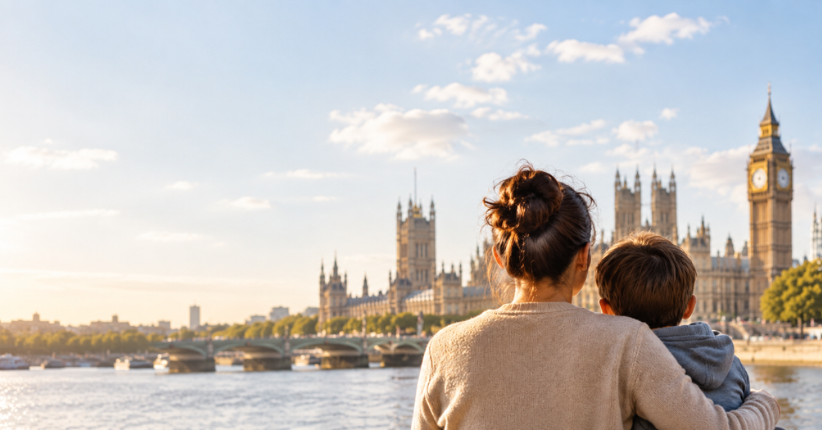 Parent and child overlooking the Houses of Parliament in London, representing the UK Parent Visa route.
