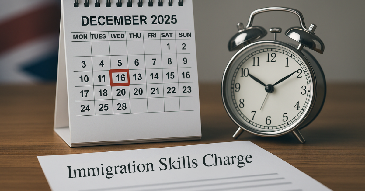 Calendar marked 16 December 2025 with visa documents and clock representing the Immigration Skills Charge increase deadline.